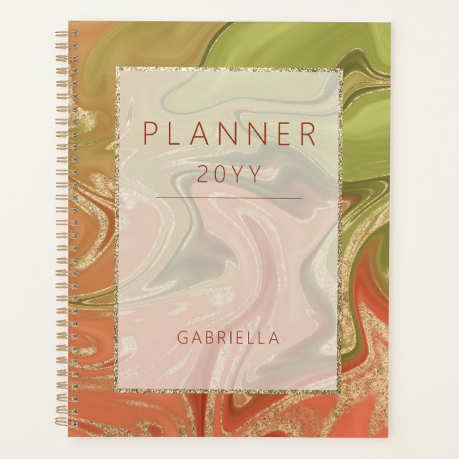 Modern Burnt Orange Green & Gold Abstract Planner (Front)