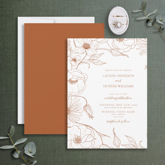 Modern Burnt Orange Lline Art Floral Wedding Invitation (Creator Uploaded)