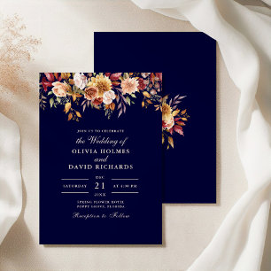 Modern Burnt Orange Navy Blue Wildflowers Wedding Invitation
