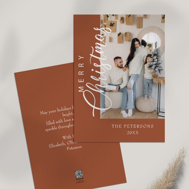 Modern Burnt Orange Photo Christmas Greeting Holiday Card (Modern Burnt Orange Photo Christmas Greeting Holiday Card on white table)