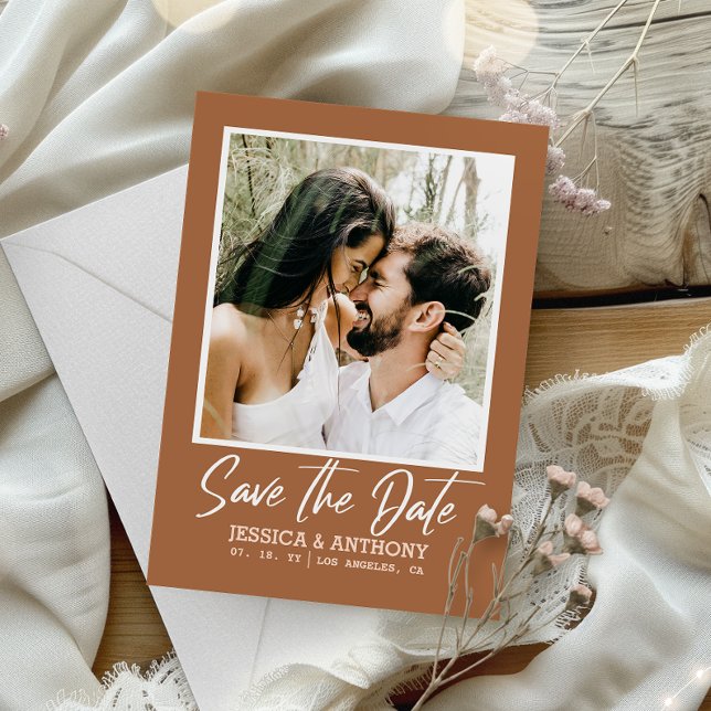 Modern Burnt Orange QR Code Save the Date Wedding Invitation (Save time and reduce wedding planning stress with this QR code Save the Date card.)