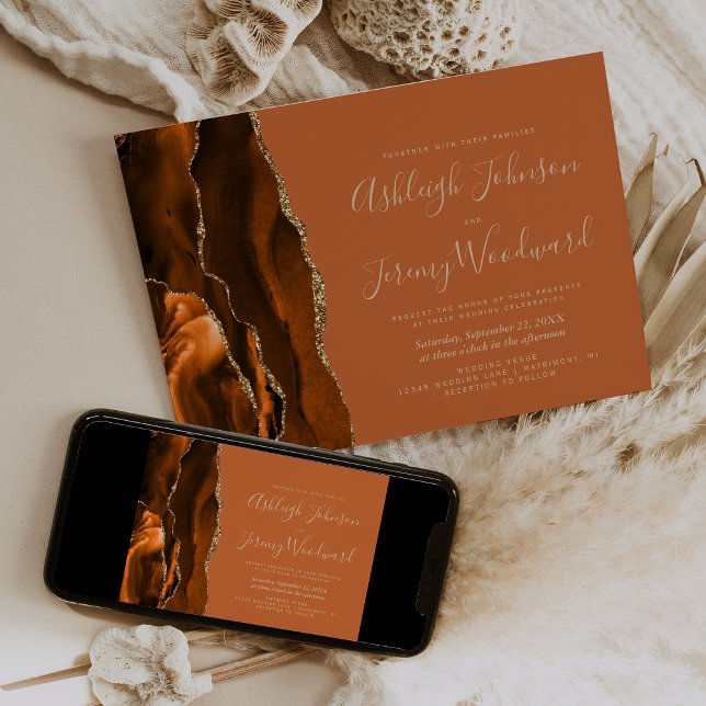 Modern Burnt Orange Rust Gold Agate Wedding Invitation (Creator Uploaded)