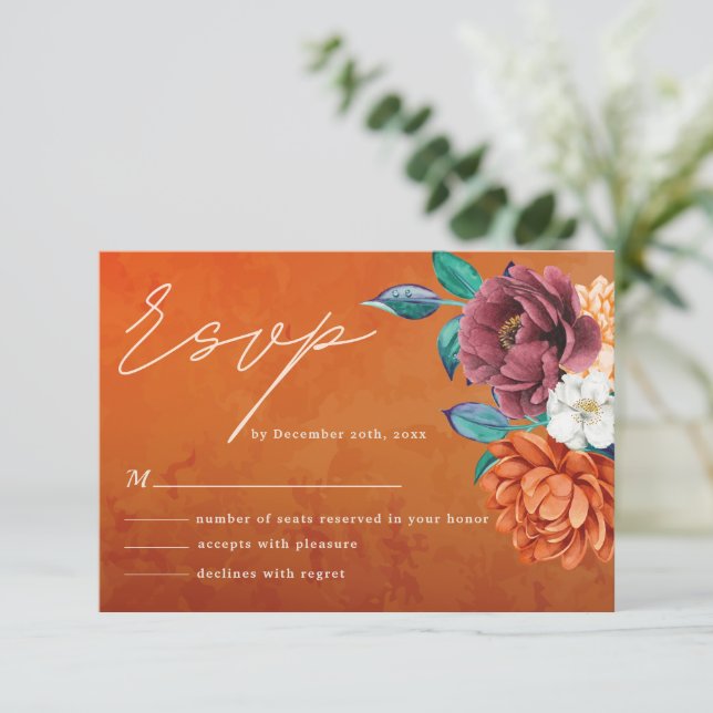 Modern burnt orange terracotta Fall Wedding RSVP Card (Standing Front)