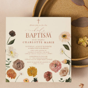 Modern Burnt Orange Terracotta Floral Holy Baptism Invitation