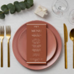 Modern Burnt Orange Terracotta Monogram Wedding    Menu<br><div class="desc">A navy blue and white elegant minimalist chic wedding terracotta dinner menu. Which features chic template design of burnt orange background and white typography . And monogram or initials at the top  and white stripes at the bottom and top.</div>