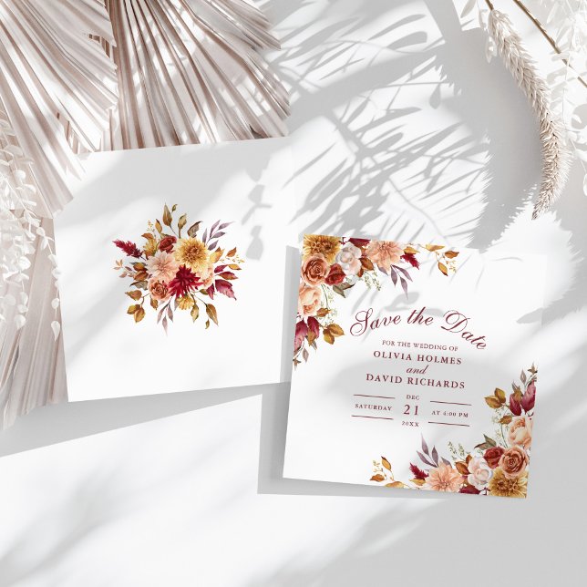 Modern Burnt Orange Terracotta Wildflowers Wedding Save The Date (Modern Burnt Orange Terracotta Wildflowers Wedding Save The Date on a sunny boho white table.)