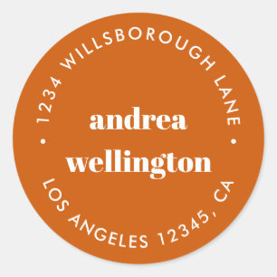 Modern Burnt Orange Typography Return Address  Classic Round Sticker