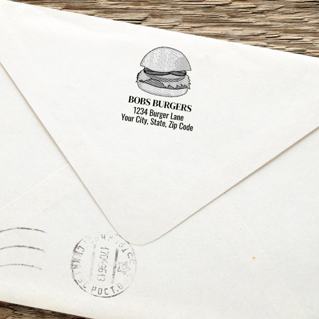 Modern Business Burger Custom Address Self-inking Stamp (Hamburger custom business return address stamp.)