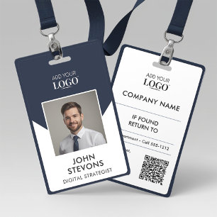 Modern Business Employee Name Photo QR Code Navy B ID Badge