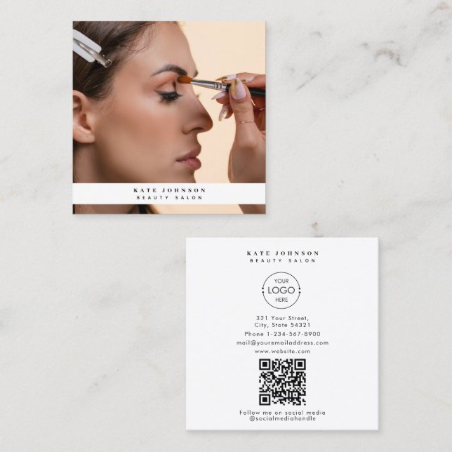 Modern Business Logo Beauty Hair Stylist Photo Square Business Card (Front/Back)