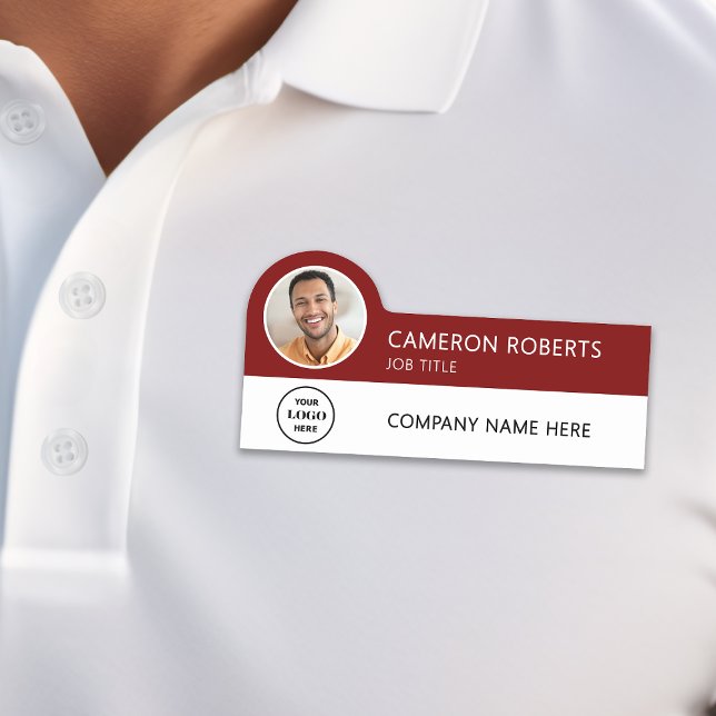 Modern Business Logo Burgundy Photo Magnetic Name Tag (Creator Uploaded)