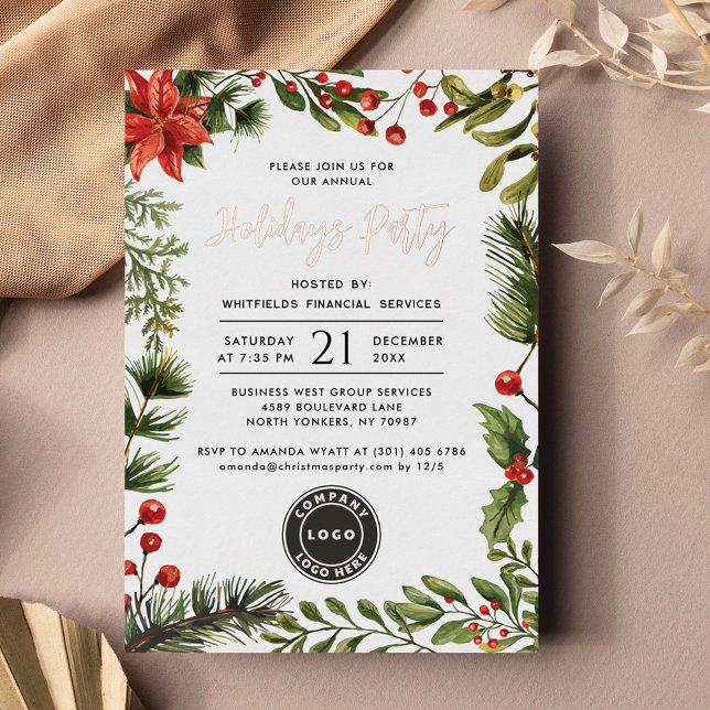 Modern Business Logo Christmas Holidays Party (Business Christmas Party Coworkers Party Rose Gold Foil Script Invitation)