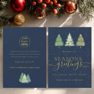 Modern Business Logo Christmas Tree Snow Blue Gold Holiday Card