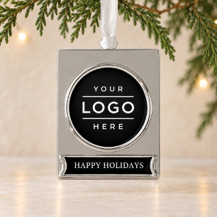 Modern Business Logo Corporate Happy Holidays Silver Plated Banner Ornament