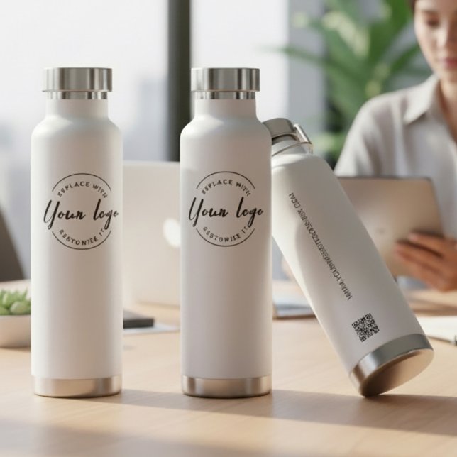 Modern Business logo Custom QR code website Water Bottle (Modern branded water bottles with logo, QR code and website. Simple and easy to use templates.)