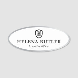 Modern Business Logo Oval Silver Border Name Tag