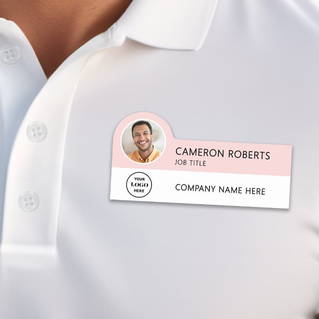 Modern Business Logo Pink Photo Magnetic Name Tag (Creator Uploaded)