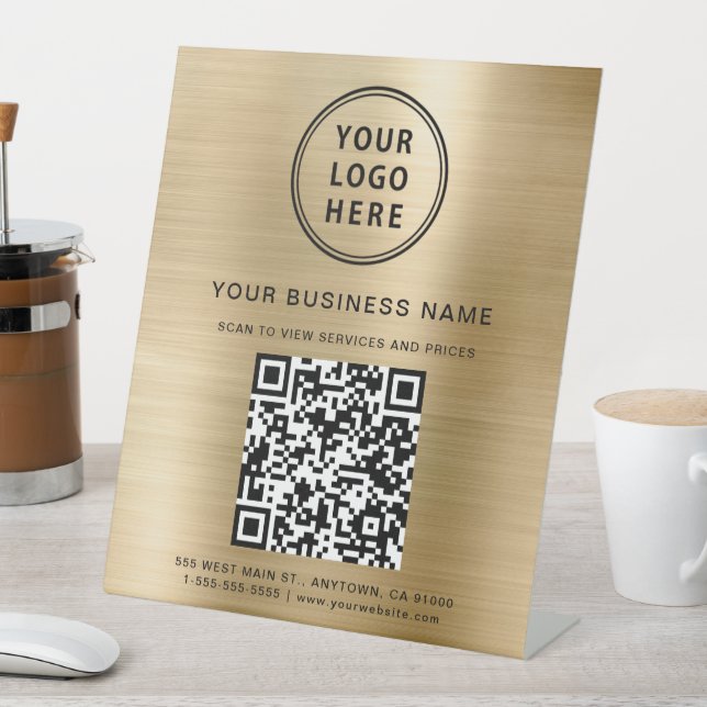 Modern Business Logo QR Code Gold Pedestal Sign (In SItu)
