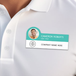 Modern Business Logo Turquoise Photo Magnetic Name Tag