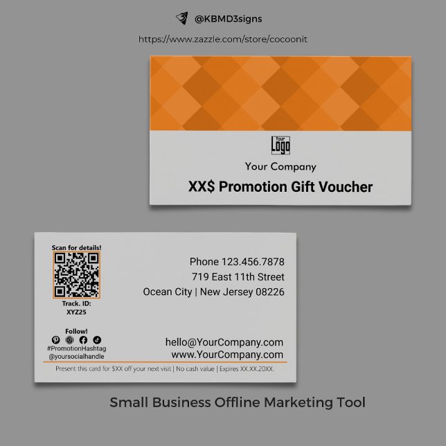 Modern Business Promotion Gift Voucher Card (Modern Business Promotion Gift Voucher Card, Gray, Black, Orange, Logo, QR Code, Social Media)