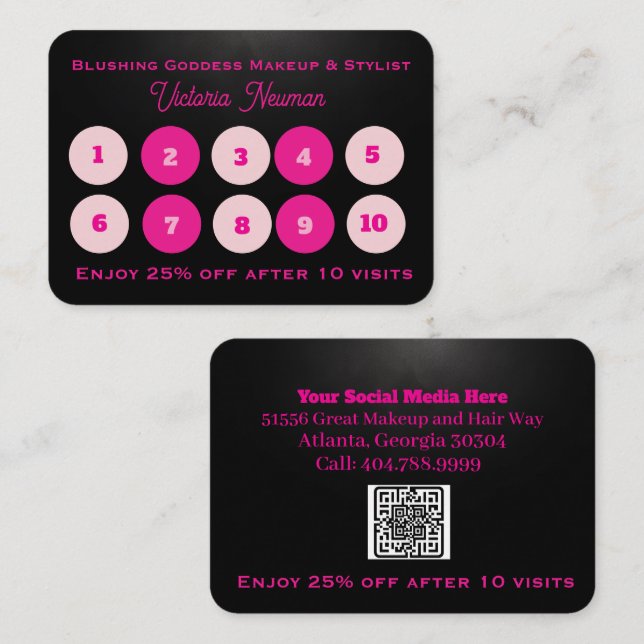 Modern Business QR Code| Minimalist Pink & Black  Loyalty Card (Front/Back)