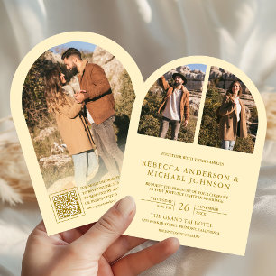 Modern Butter Yellow Arch Photo QR Code Wedding Invitation
