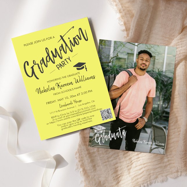 Modern Butter Yellow QR Code Photo Graduation Invitation (Creator Uploaded)