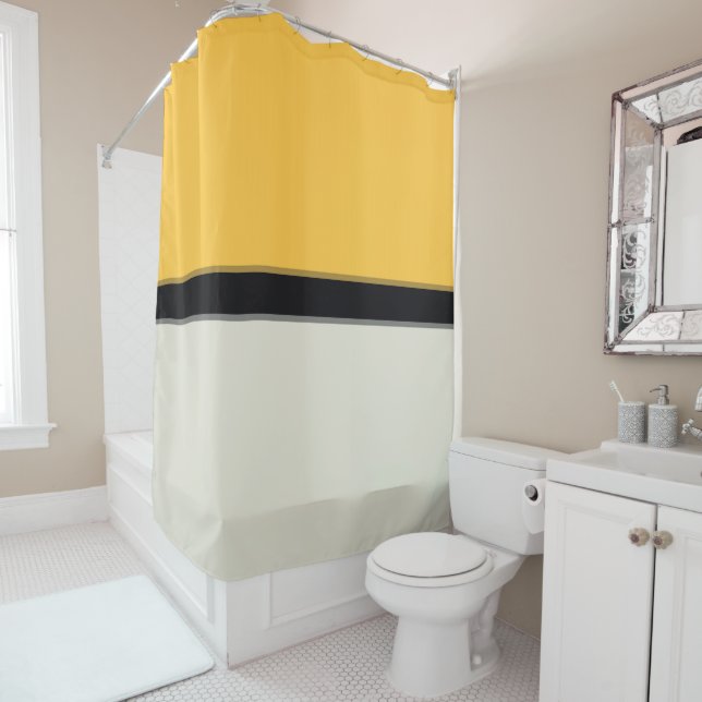 Modern Butter Yellow Silver Blue Grey Black Stripe Shower Curtain (In Situ)
