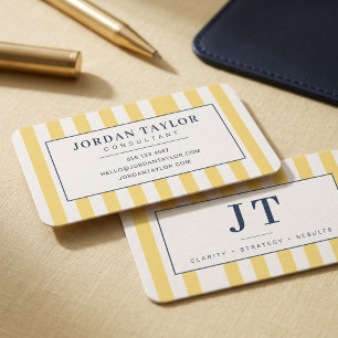 Modern Butter Yellow Striped Monogram Business Card