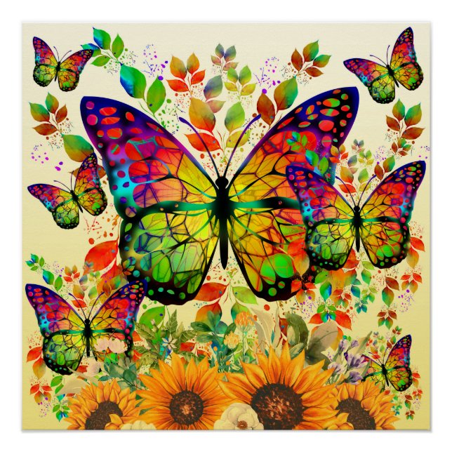MODERN BUTTERFLIES COLORFUL RAINBOW SUNFLOWERS  POSTER (Front)