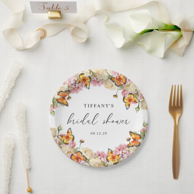 Modern Butterflies Pink Peonies Bridal Shower Paper Plate (Wedding)