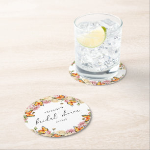 Modern Butterflies Pink Peonies Bridal Shower Round Paper Coaster