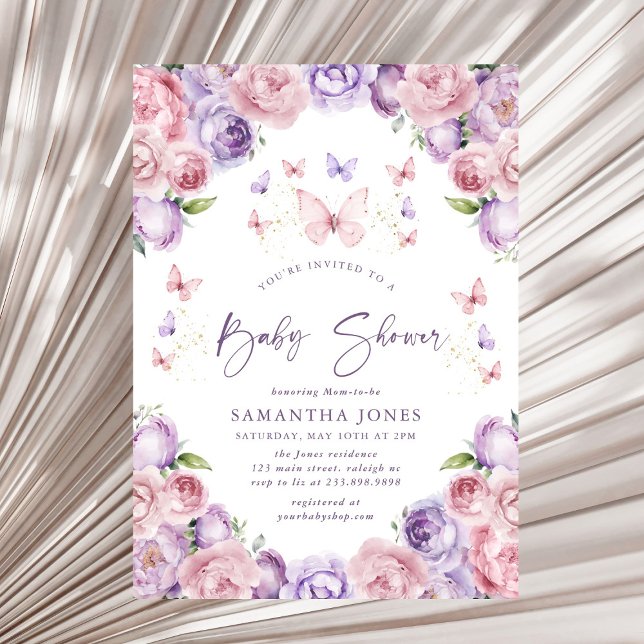 Modern Butterflies Pink Purple Baby Shower Invitation (Creator Uploaded)