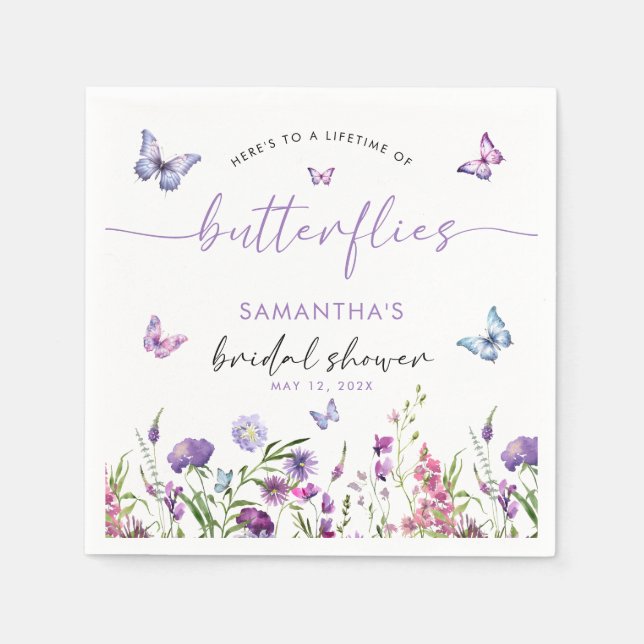 Modern Butterflies Purple Floral Bridal Shower  Napkin (Front)