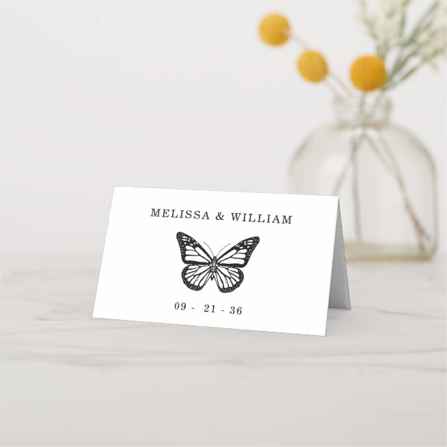 Modern Butterfly Black & White Wedding Place Card (Back)