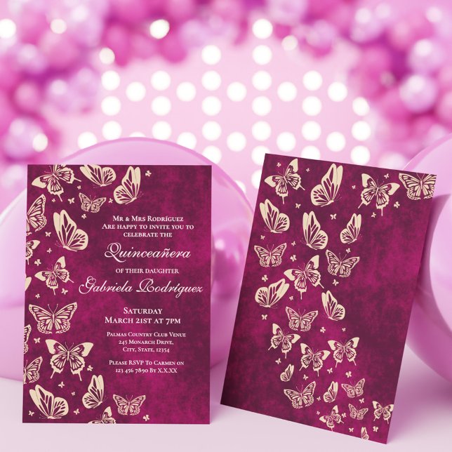 Modern Butterfly Pink Gold Quinceañera 15th Party Invitation (Modern Butterfly Pink Gold Quinceañera 15th Party Invitation)