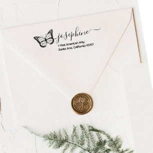 Modern Butterfly Script Return Address Rubber Stamp