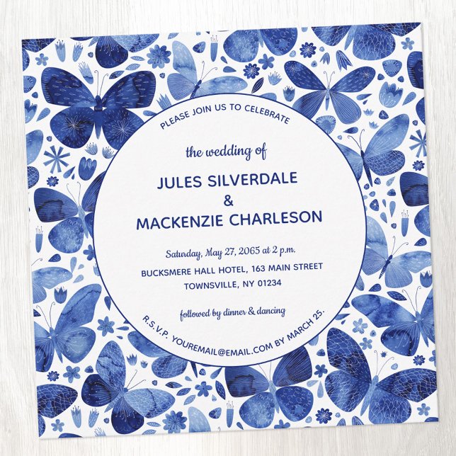 Modern Butterfly Watercolor Indigo Blue Wedding Invitation (Blue and white watercolor butterfly pattern square wedding invitation)