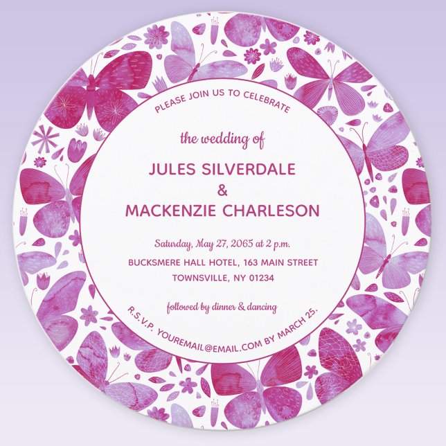Modern Butterfly Watercolor Magenta Pink Wedding Invitation (Pink watercolor butterfly wedding invitation)