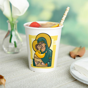 Modern Byzantine Virgin Mary and Child Religious  Paper Cups