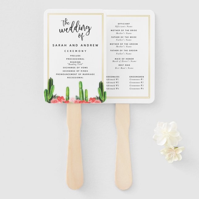 Modern Cactus and Floral Wedding Program Hand Fan (Front and Back)