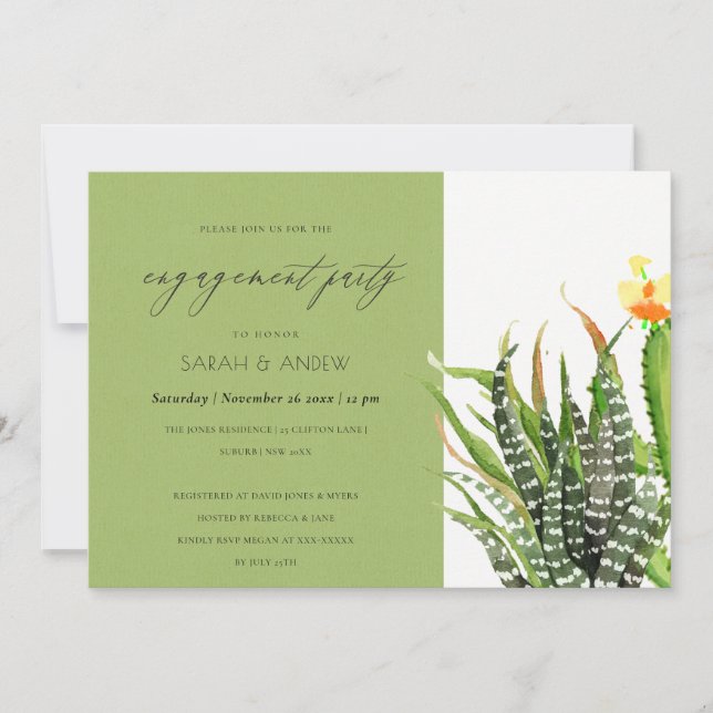 MODERN CACTUS FLORAL GARDEN WATERCOLOR ENGAGEMENT INVITATION (Front)