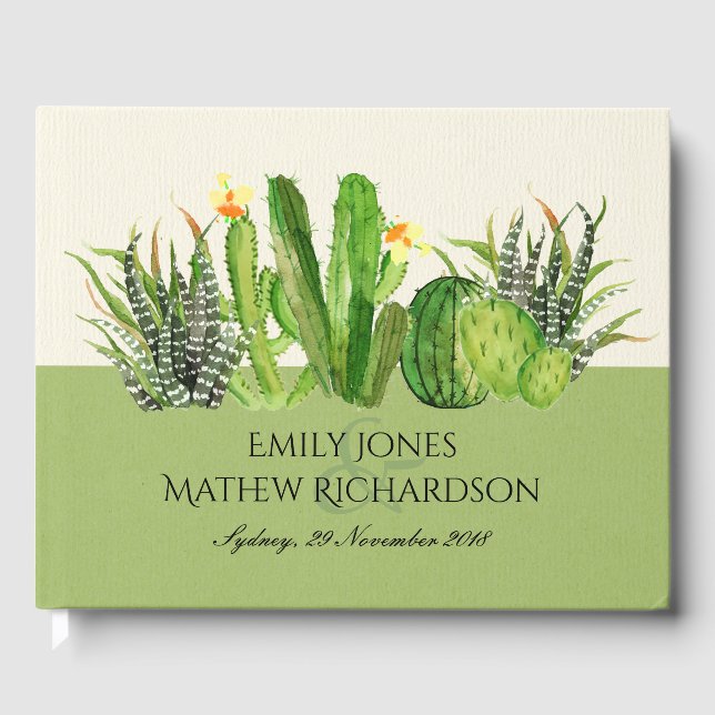 MODERN CACTUS FLORAL GARDEN WATERCOLOR MONOGRAM GUEST BOOK (Front)