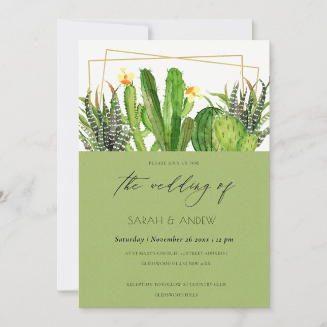 MODERN CACTUS FLORAL GARDEN WATERCOLOR WEDDING INVITATION (Front)