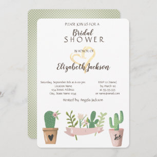Modern Cactus Flower Gold Heart Bridal Shower Invitation