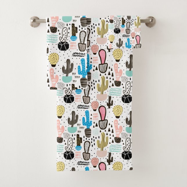 Modern Cactus Geometric Pattern Bath Towel Set (Insitu)
