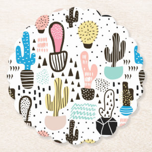 Modern Cactus Geometric Pattern Paper Coaster