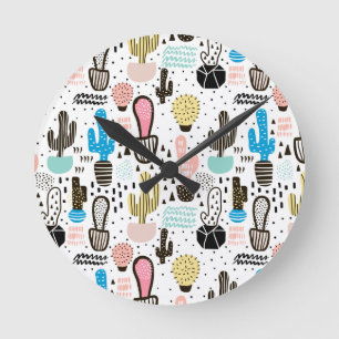 Modern Cactus Geometric Pattern Round Clock