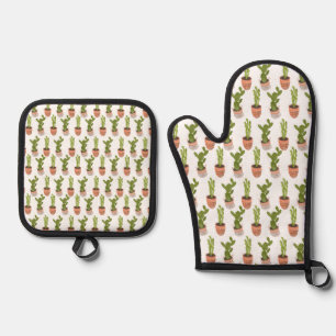 Modern Cactus Houseplants Hand Drawn Design Oven Mitt & Pot Holder Set