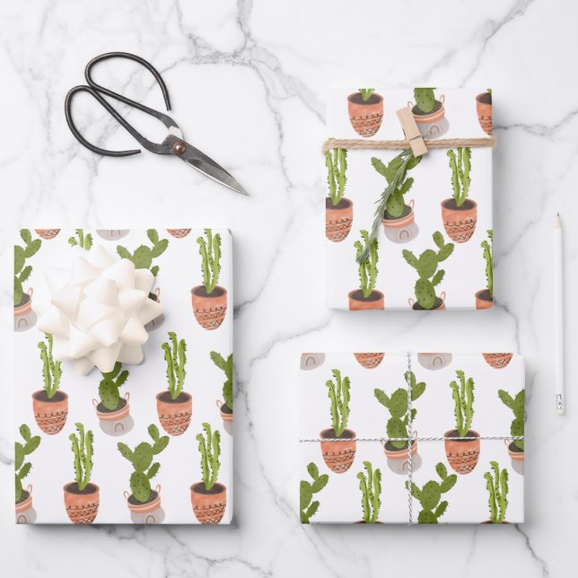 Modern Cactus Houseplants Hand Drawn Design Wrapping Paper Sheet (Front)